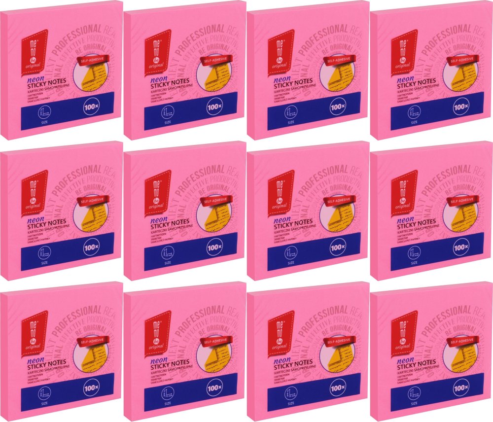 12x Karteczki samoprzylepne MemoBe, 75x75mm, 100 karteczek, neonowy różowy