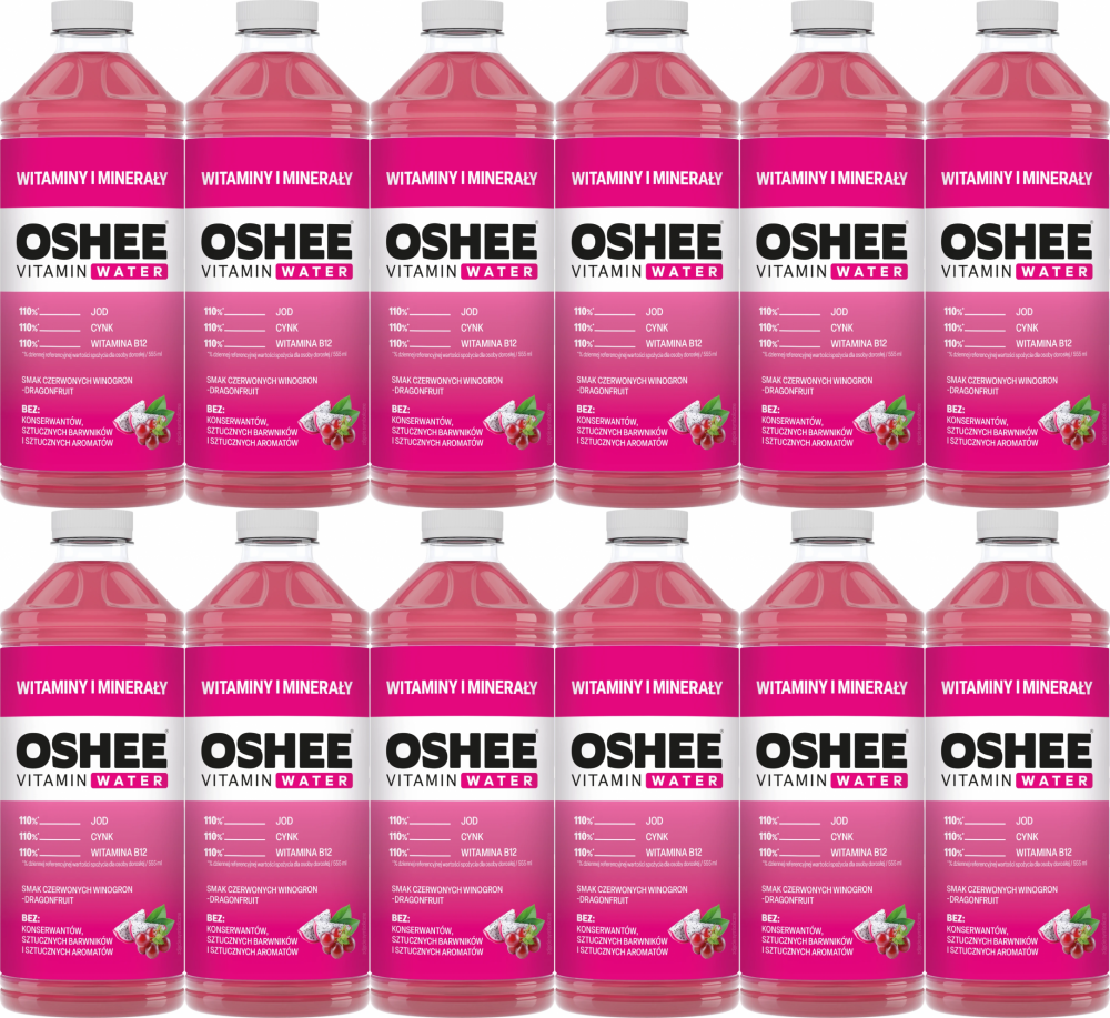 12x Napój niegazowany Oshee Vitamin Water witaminy i minerały, winogrono i dragonfruit, butelka PET, 1.1l