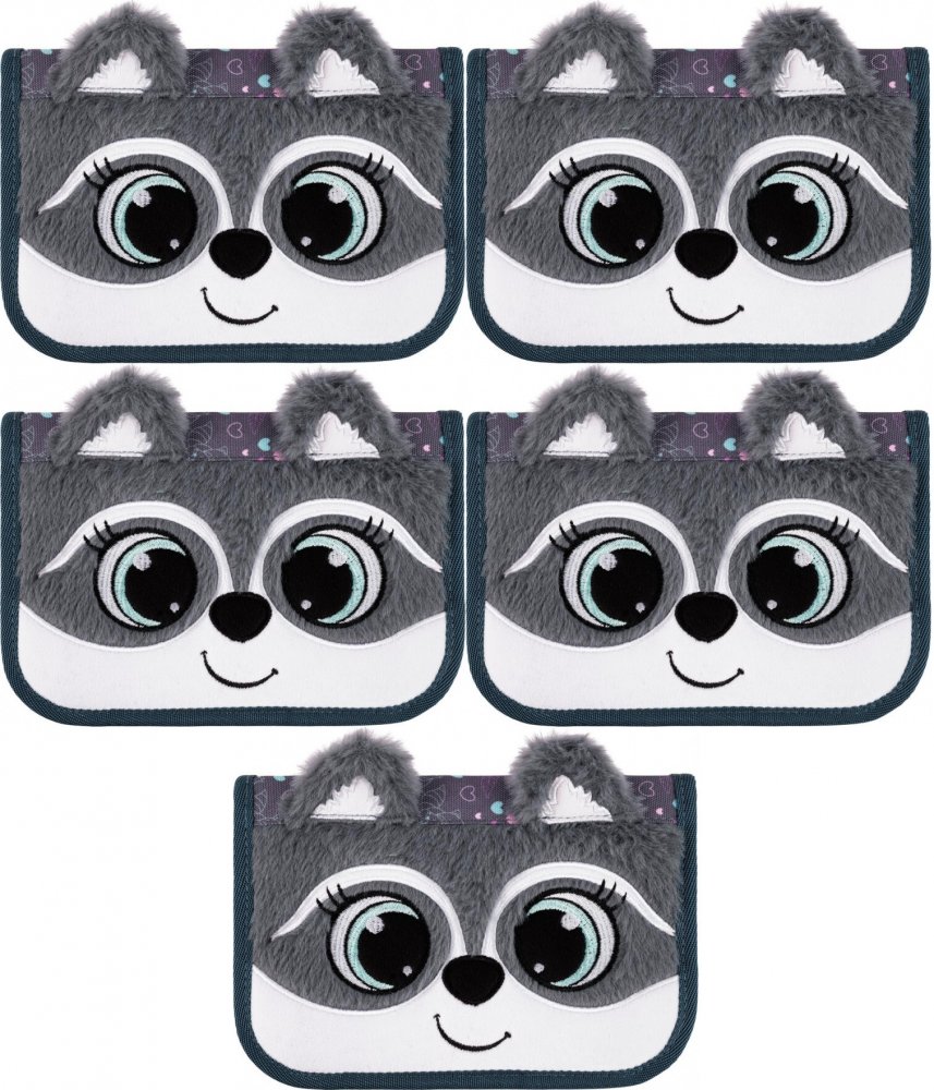 5x Piórnik szkolny Bambino Racoon, 1-komorowy, dwuklapkowy, bez wyposażenia, 21x14x3.5cm
