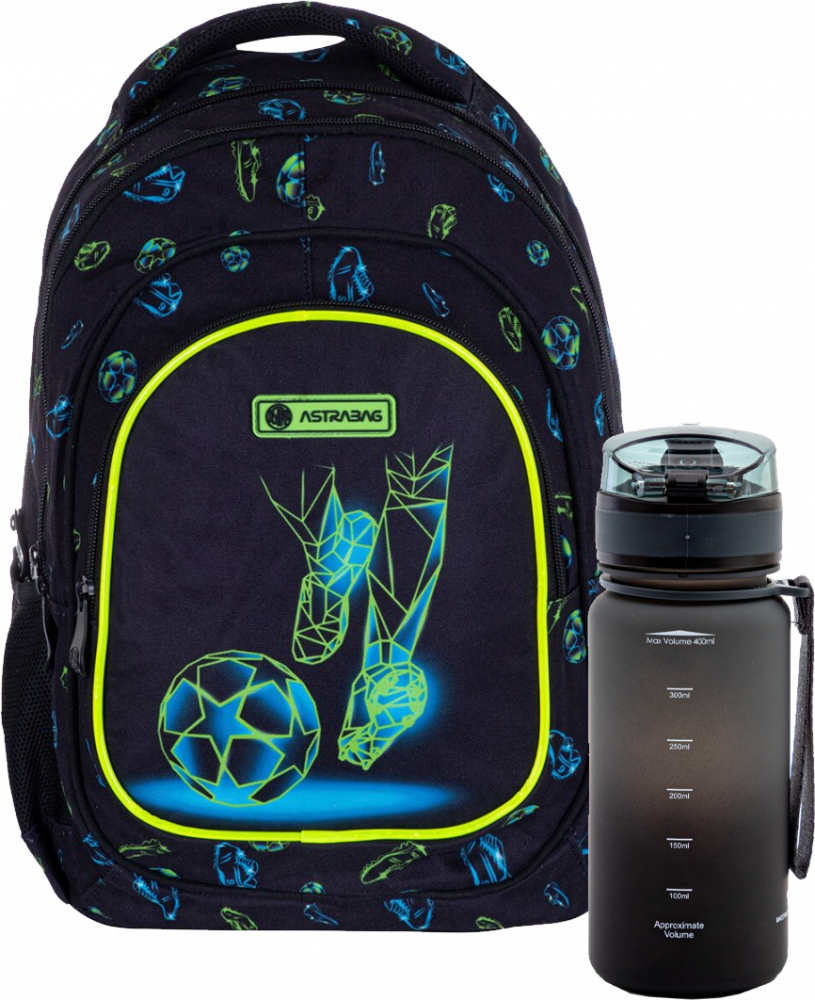 Zestaw: Plecak szkolny Astra Astrabag Football Motion AB330 + Bidon Astra Aqua Pure, 400ml, szaro-czarny