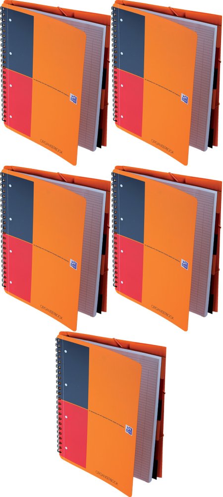 5x Kołonotatnik Oxford International Organiserbook, A4+ w linie, 80 kartek, okładka PP, pomarańczowy