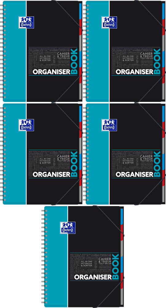 5x Kołonotatnik z przekładkami Oxford Student OrganiserBook, A4+ , w kratkę, 80 kartek, okładka PP, mix wzorów