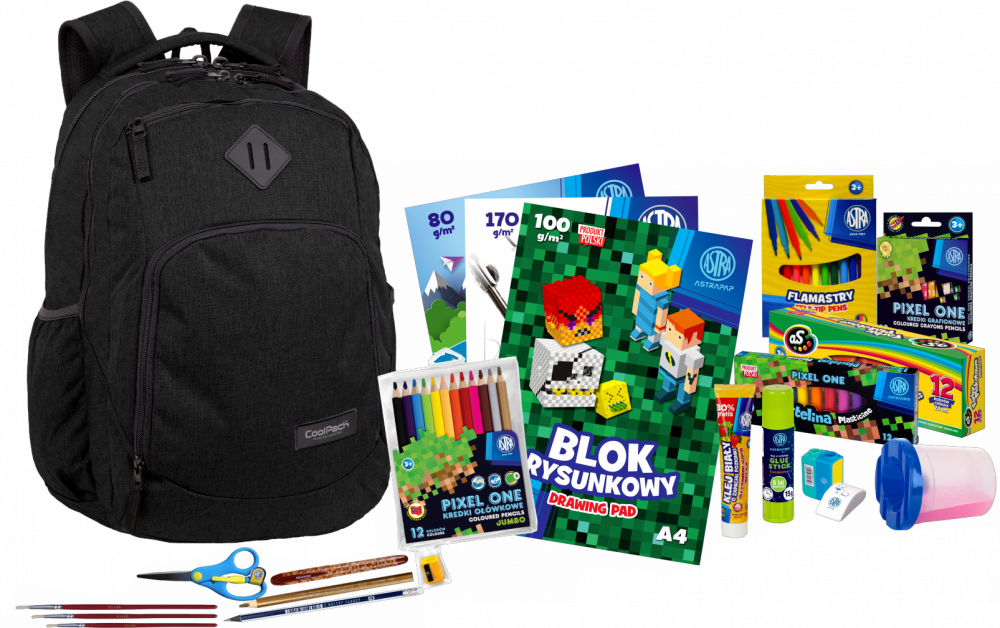 Zestaw: Plecak szkolny CoolPack Break Snow Black, dwukomorowy, 29l, 44x32x19cm, czarny + Wyprawka szkolna Astra 21 elementów