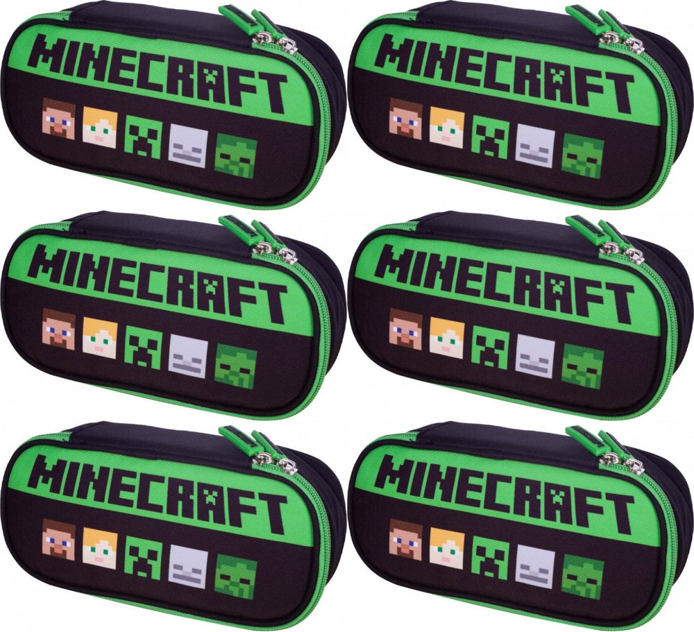 6x Piórnik szkolny Astra Minecraft Alex&Steven AC5, saszetka, bez wyposażenia, 22x11x5.5cm, czarno-zielony