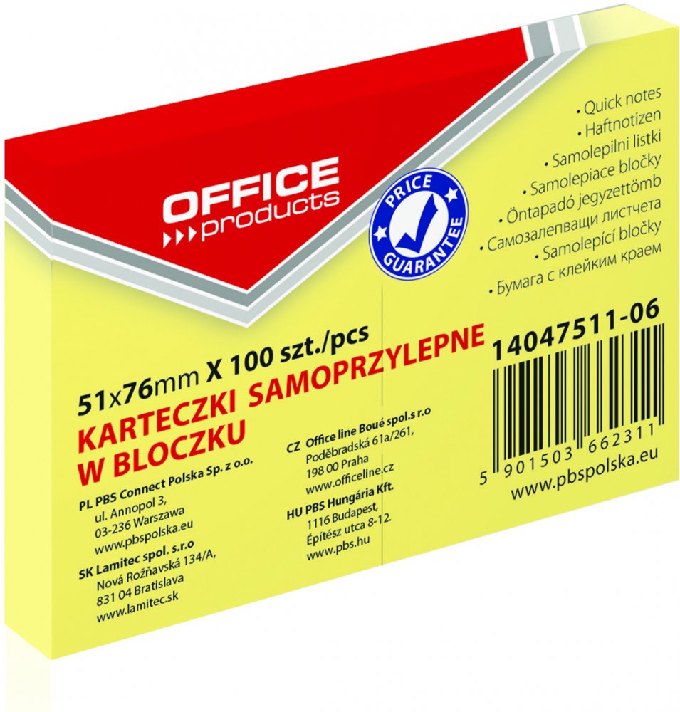 Karteczki samoprzylepne Office Products, 51x76mm, 100 karteczek, jasnożółty pastelowy