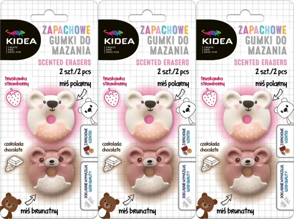 3x Gumka do ścierania Kidea Misie, zapachowa, 2 sztuki, mix kolorów