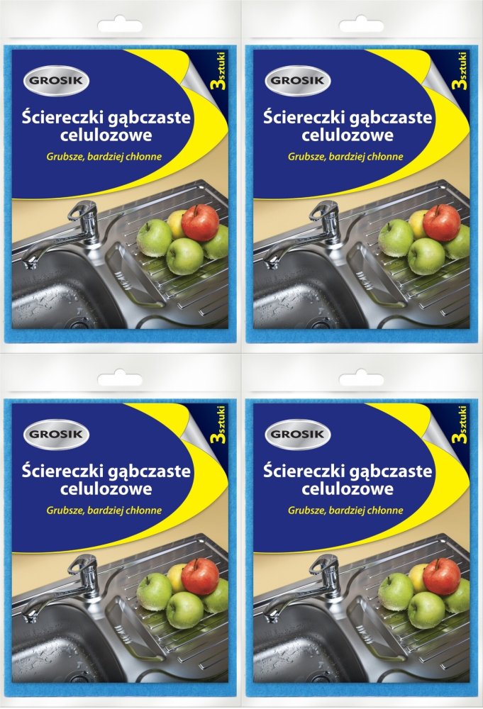 4x Ścierka Grosik, gąbczasta, celuloza, 19x15.5cm, 3 sztuki, mix kolorów