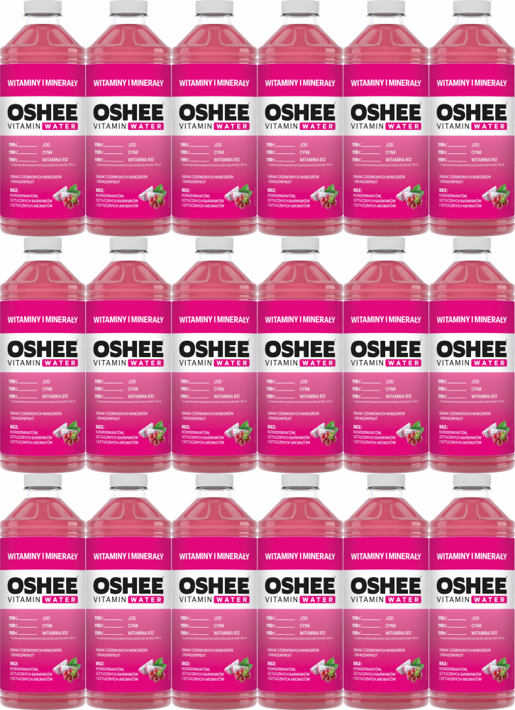 18x Napój niegazowany Oshee Vitamin Water witaminy i minerały, winogrono i dragonfruit, butelka PET, 1.1l