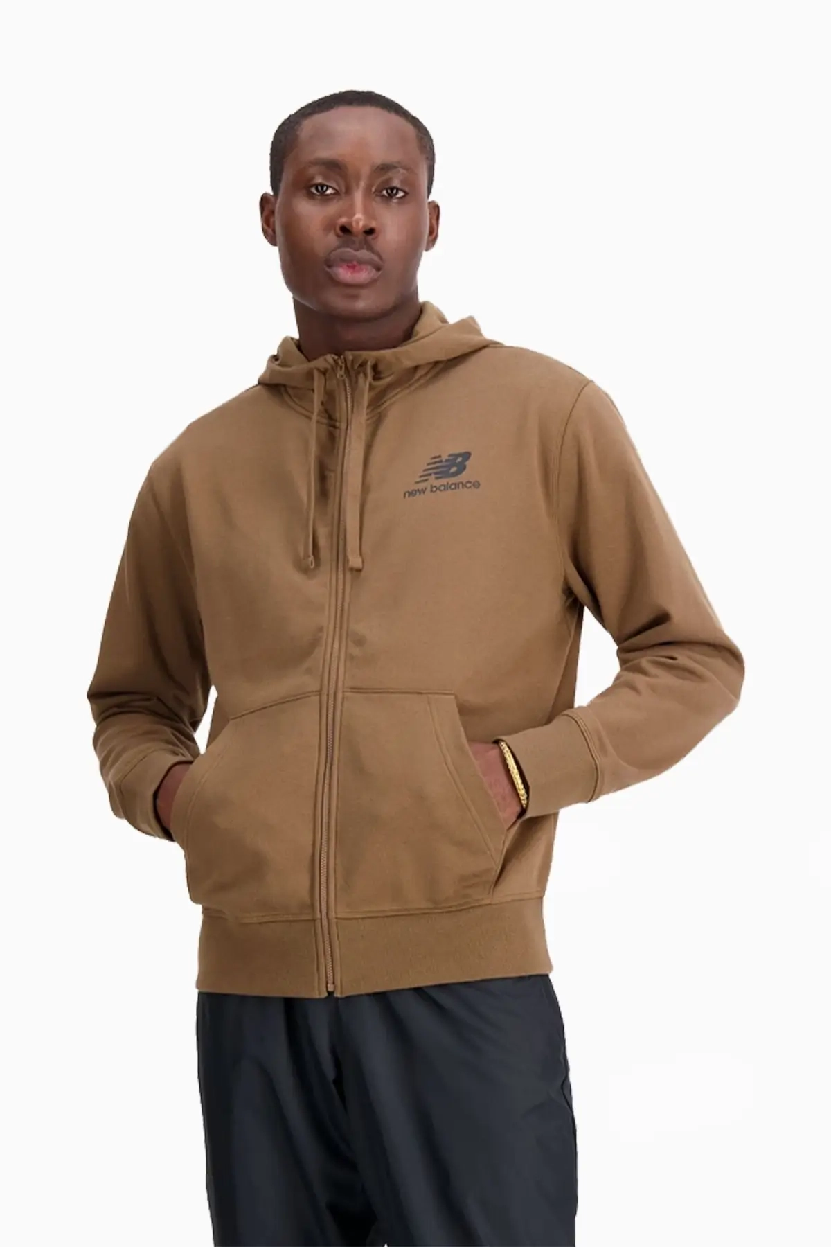 Bluza z kapturem New Balance Essentials Stacked FZ - Brązowy