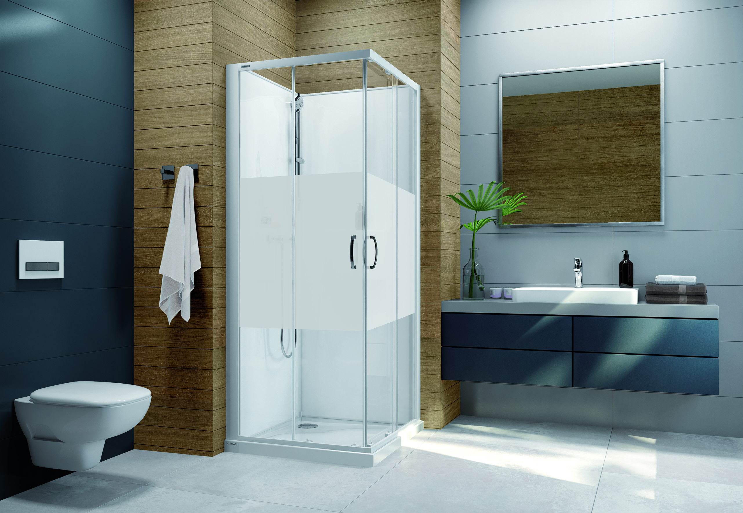 Sanplast Basic Complete Mineral kabina z brodzikiem i zestawem prysznicowym 100x80 cm prostokątna biały połysk/szkło ze wzorem ...
