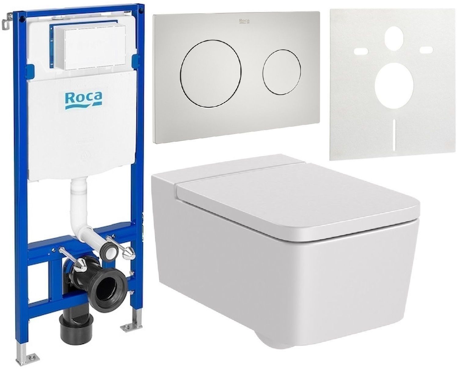 Zestaw Roca Inspira Square miska WC wisząca Rimless z deską sedesową wolnoopadającą i stelaż podtynkowy Duplo One z przyciskiem ...