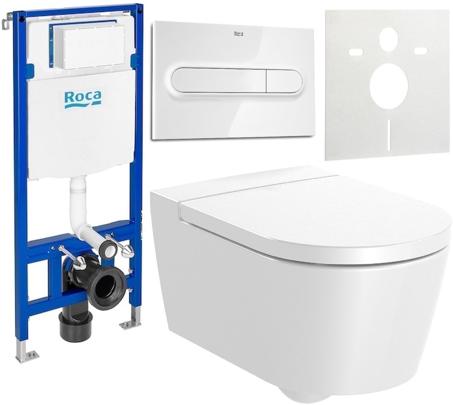 Zestaw Roca Inspira Round miska WC wisząca Rimless z deską sedesową wolnoopadającą i stelaż podtynkowy Duplo One z przyciskiem ...