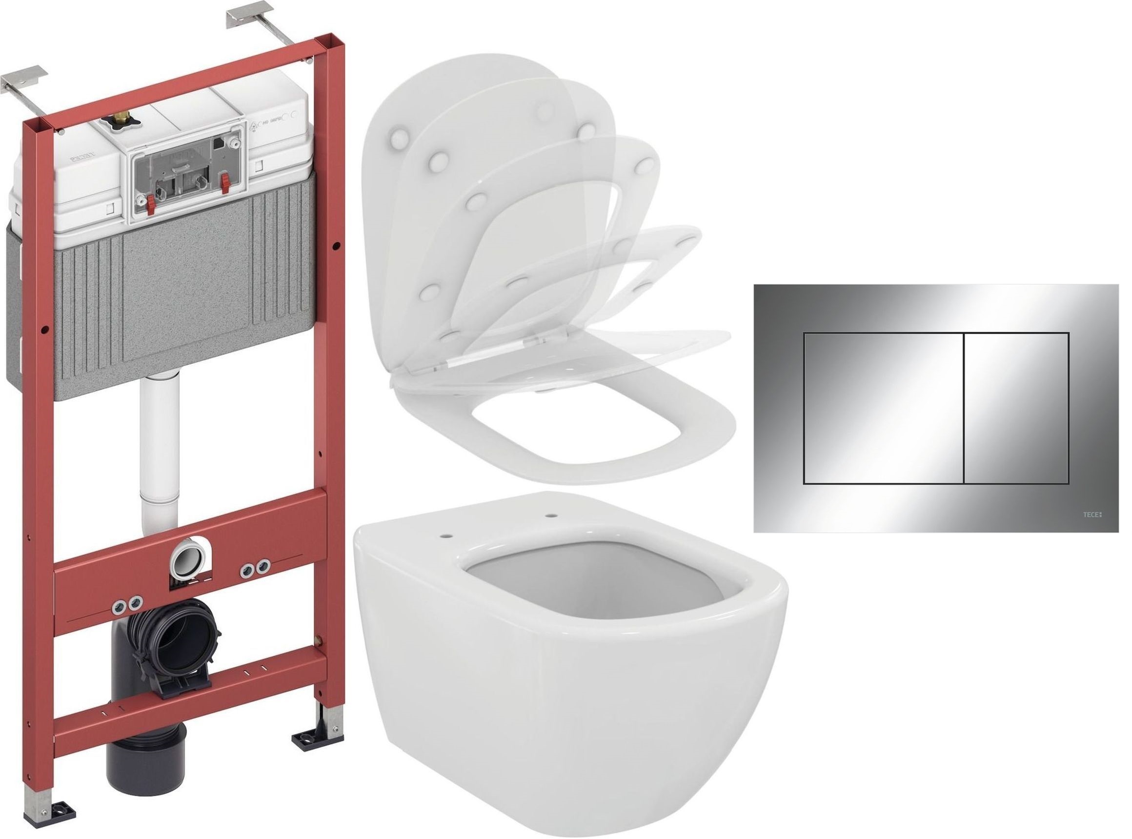 Zestaw Ideal Standard Tesi miska WC z deską wolnoopadającą i stelaż podtynkowy Tece Base z przyciskiem spłukującym Now chrom ...