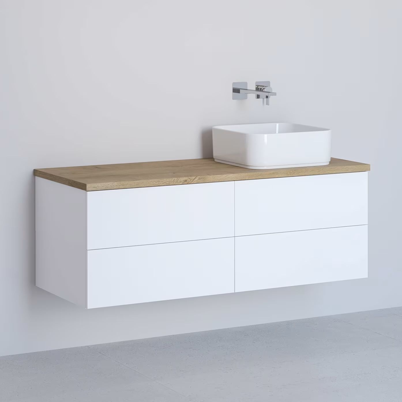 Kronenbach Cube szafka z blatem 121x48,7x44,5 cm podumywalkowa wisząca biały połysk-jasny dąb KBWTKOWTL1214WHGH
