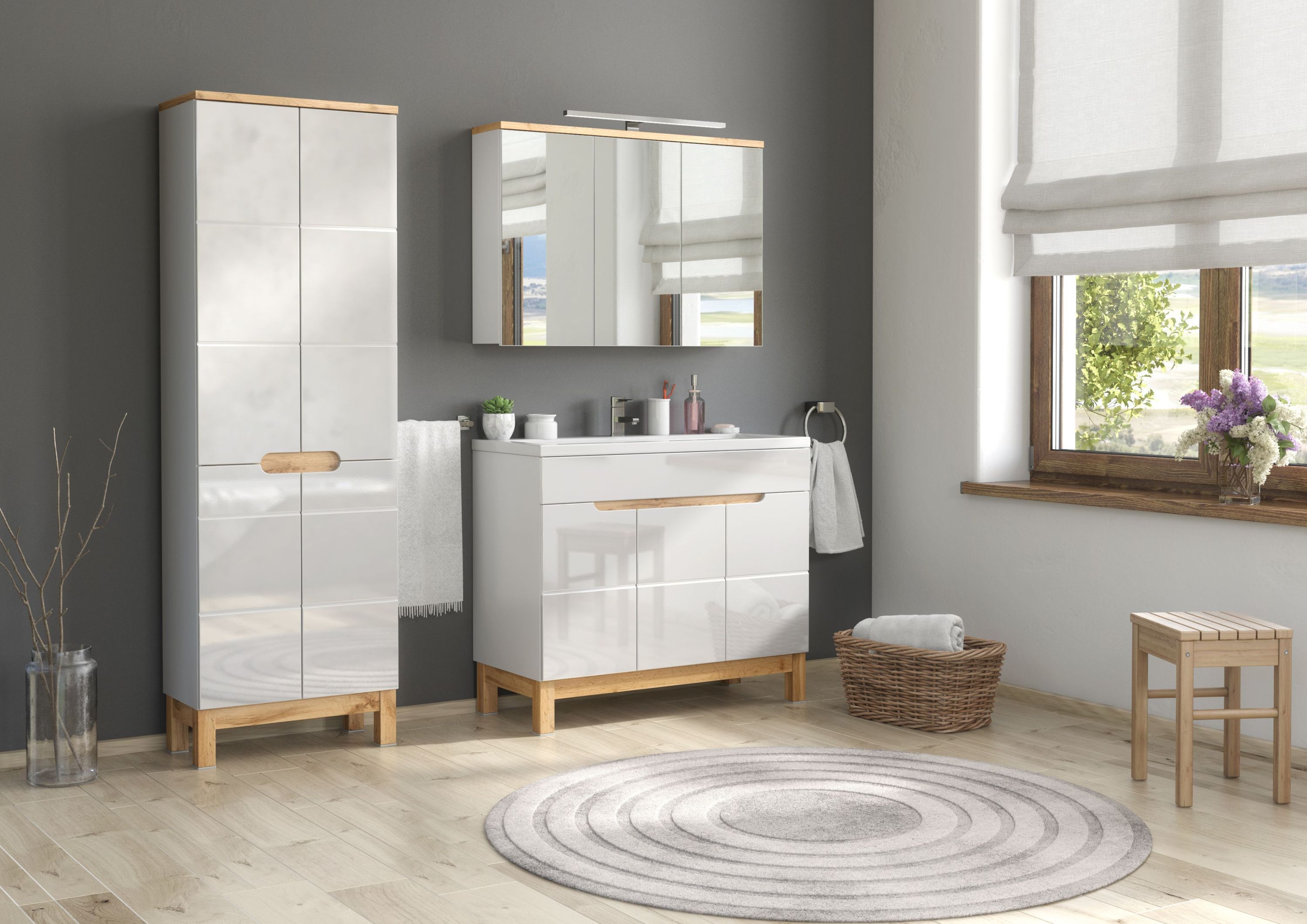 Comad Bali White szafka 187 cm boczna wysoka stojąca dąb/biały połysk BALIWHITE805FSC - Wysyłka w 24h