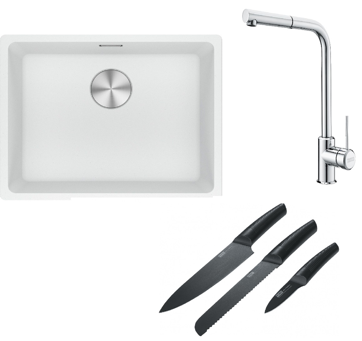 Franke Maris MRG 110-52 zlewozmywak 52x40 cm Fragranite biały polarny z baterią kuchenną Sirius Side chrom i zestawem noży kuchennych ... - Wysyłka w 