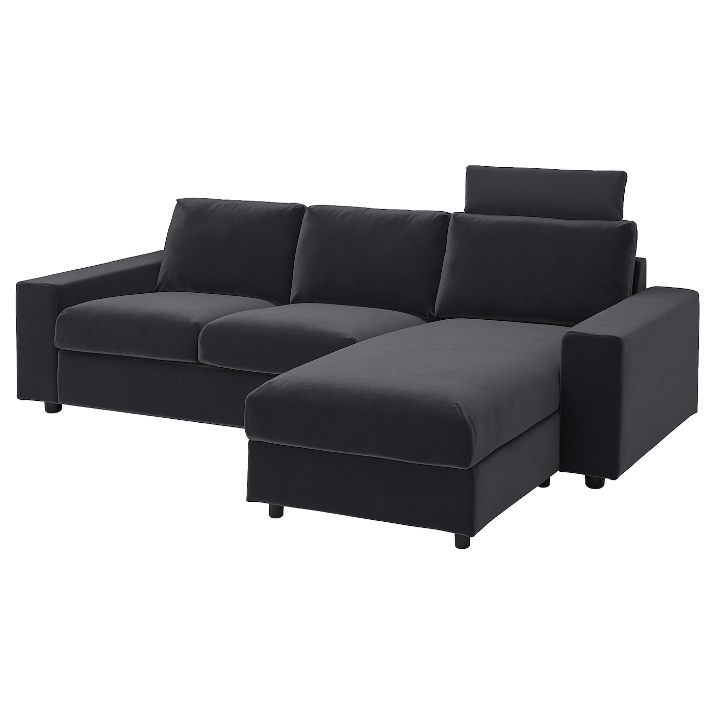 IKEA VIMLE sofa 3-osobowa z szezlongiem, z szerokimi podłokietnikami z zagłówkiem/Djuparp ciemnoszary, Wysokość z zagłówkiem: 103 cm