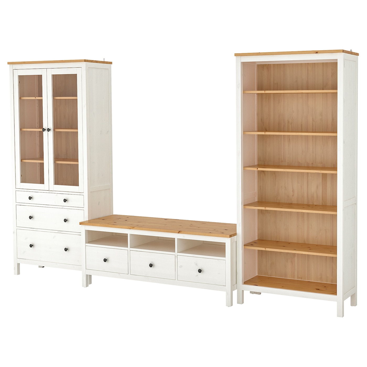 IKEA HEMNES szafka pod TV, biała bejca/jasnobrązowy szkło bezbarwne, 326x197 cm