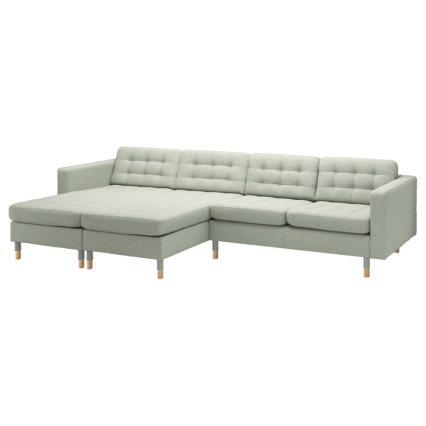 IKEA LANDSKRONA sofa 4 osobowa z szezlongiem, Gunnared jasnozielony/drewno, Szerokość: 320 cm