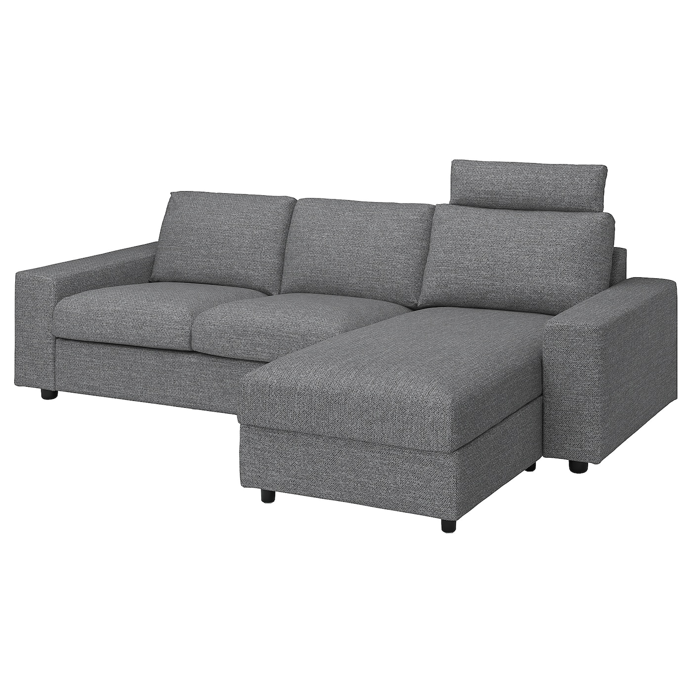 IKEA VIMLE sofa 3-osobowa z szezlongiem, z szerokimi podłokietnikami z zagłówkiem/Lejde szary-czarny, Wysokość z zagłówkiem: 103 cm