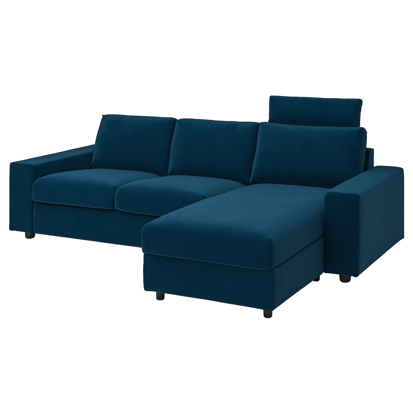 IKEA VIMLE sofa 3-osobowa z szezlongiem, z szerokimi podłokietnikami z zagłówkiem/Djuparp ciemnozielononiebieski, Wysokość z zagłówkiem: 103 cm