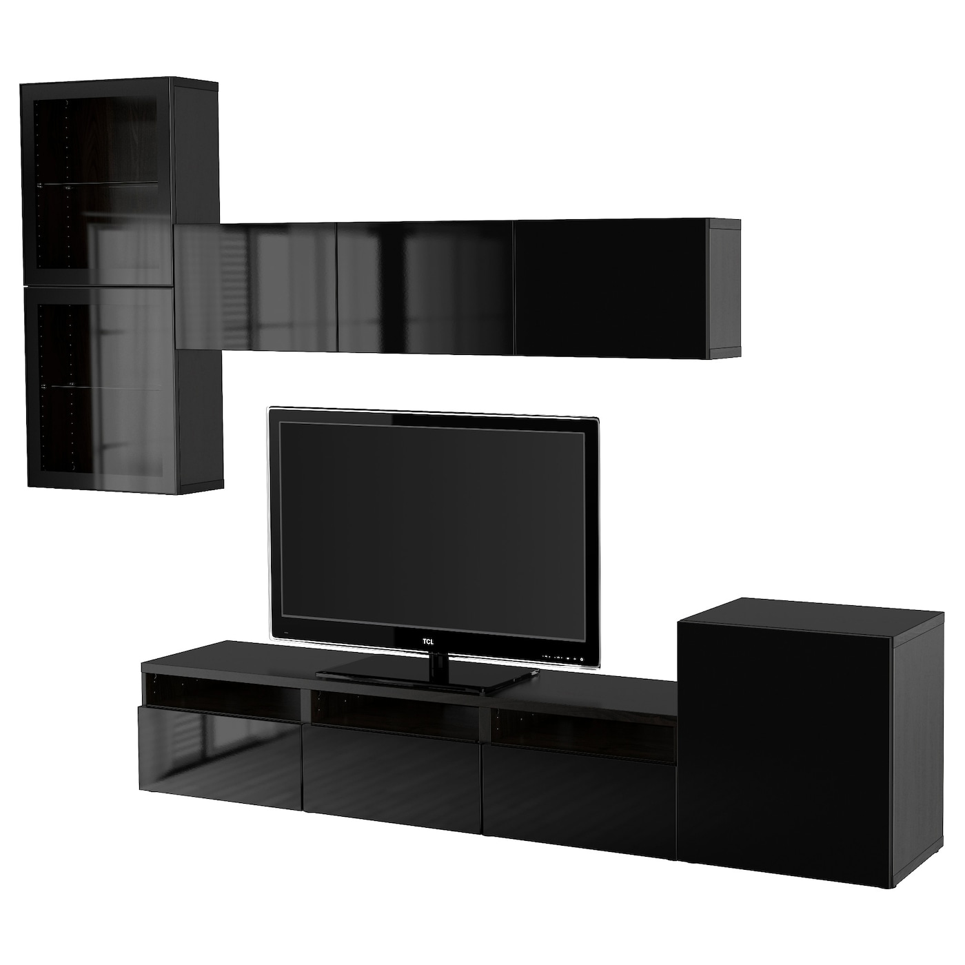 IKEA BESTÅ kombinacja na TV/szklane drzwi, czarnybrąz/Selsviken połysk/czarne przezroczyste szkło, 300x42x211 cm