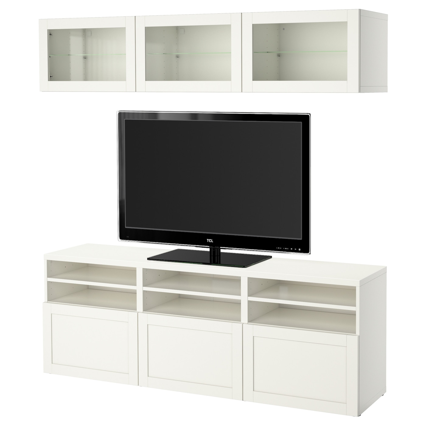 IKEA BESTÅ kombinacja na TV/szklane drzwi, biały/Hanviken białe szkło przezroczyste, 180x42x192 cm