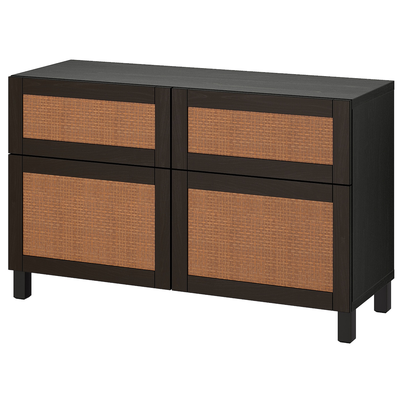 IKEA BESTÅ kombinacja regałowa z drzw/szuf, czarnybrąz Studsviken/Stubbarp/ciemnobrązowy wyplatana topola, 120x42x74 cm