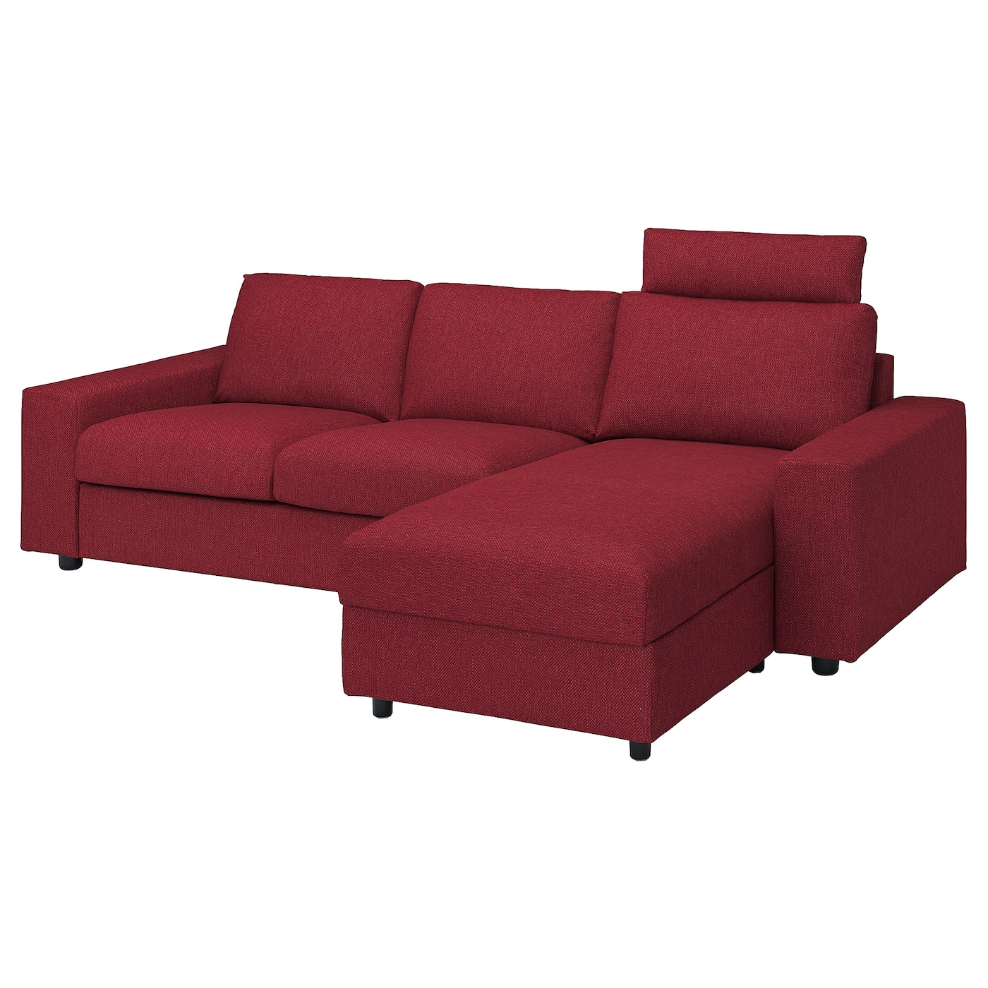 IKEA VIMLE sofa 3-osobowa z szezlongiem, z szerokimi podłokietnikami z zagłówkiem/Lejde czerwony/brązowy, Wysokość z zagłówkiem: 103 cm