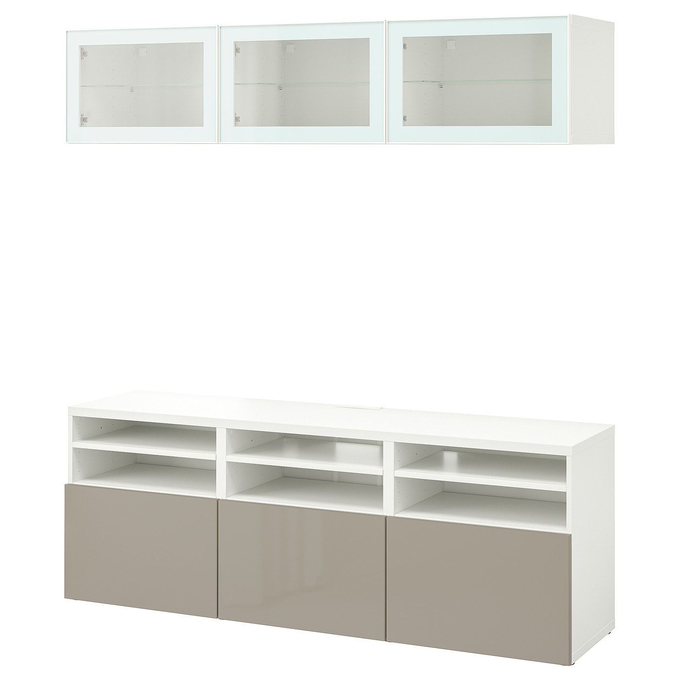 IKEA BESTÅ kombinacja na TV/szklane drzwi, biały/Selsviken wysoki połysk/ beż szkło bezbarwne, 180x42x192 cm