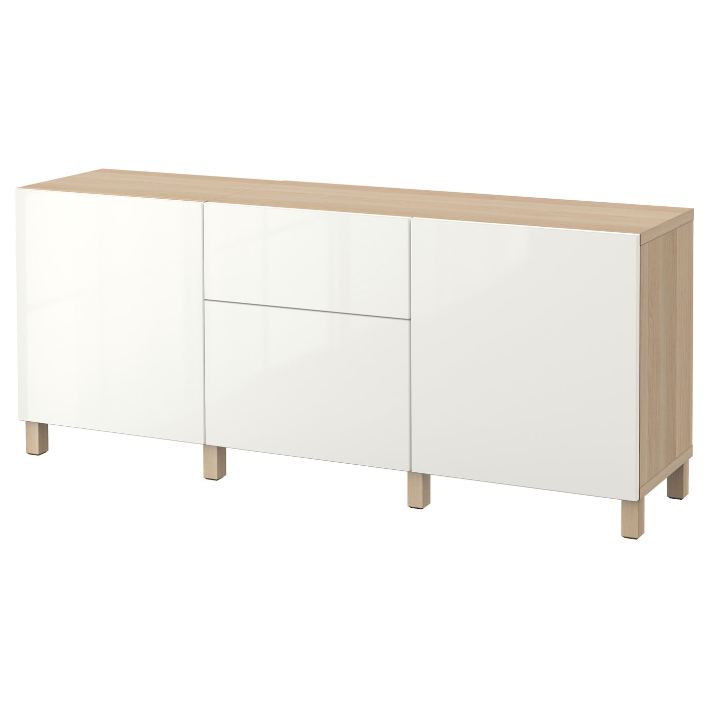 IKEA BESTÅ kombinacja z szufladami, imitacja dębu bejcowanego na biało/Selsviken/Stubbarp połysk/biel, 180x42x74 cm