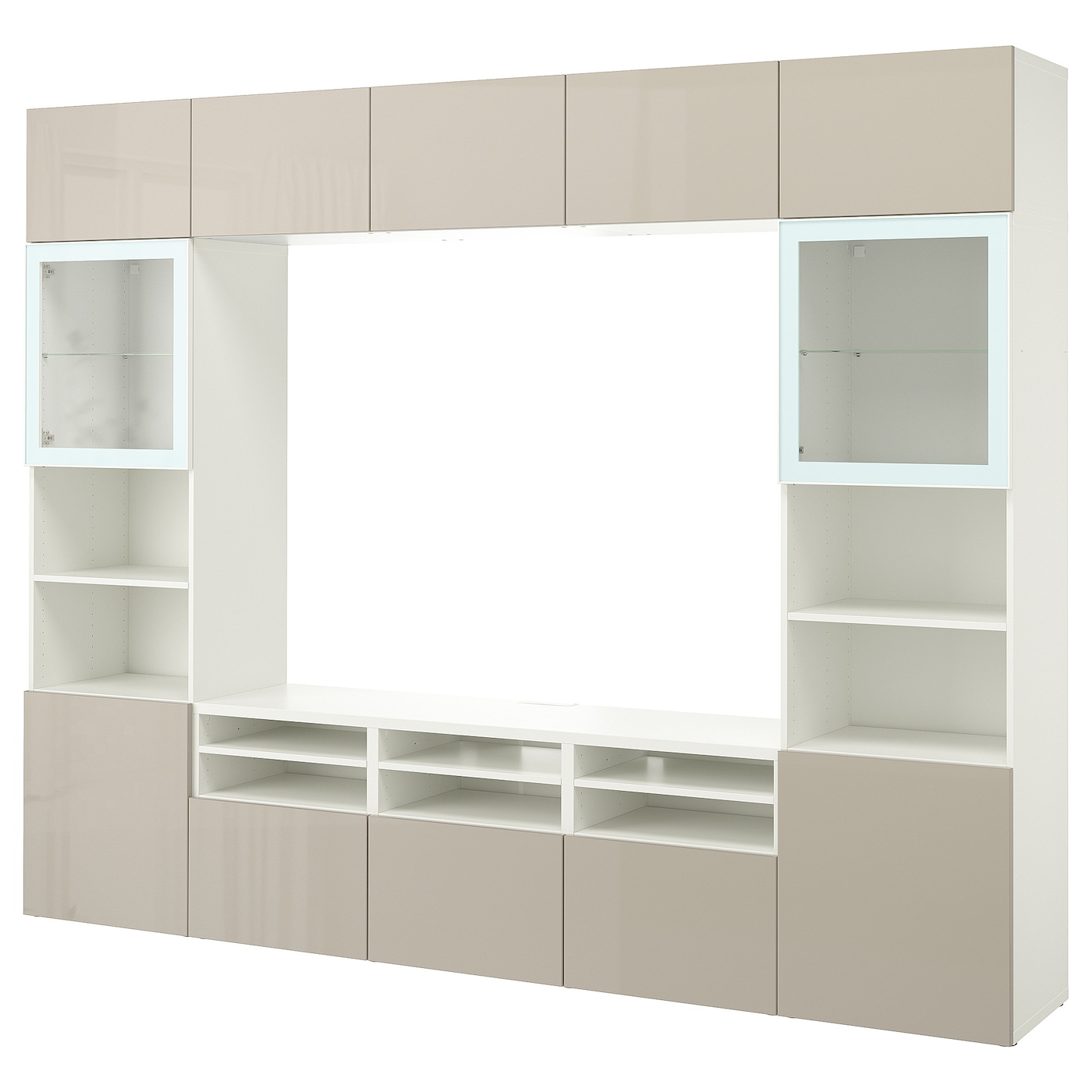 IKEA BESTÅ kombinacja na TV/szklane drzwi, biały/Selsviken wysoki połysk/ beż szkło bezbarwne, 300x42x231 cm