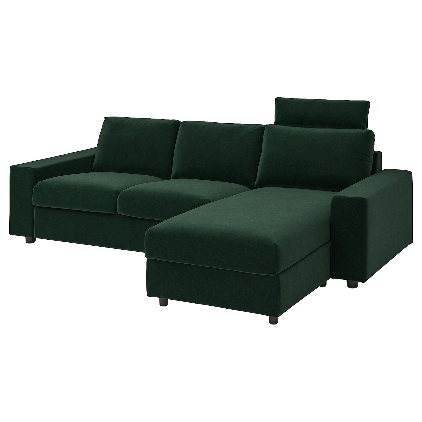 IKEA VIMLE sofa 3-osobowa z szezlongiem, z szerokimi podłokietnikami z zagłówkiem/Djuparp ciemnozielony, Wysokość z zagłówkiem: 103 cm