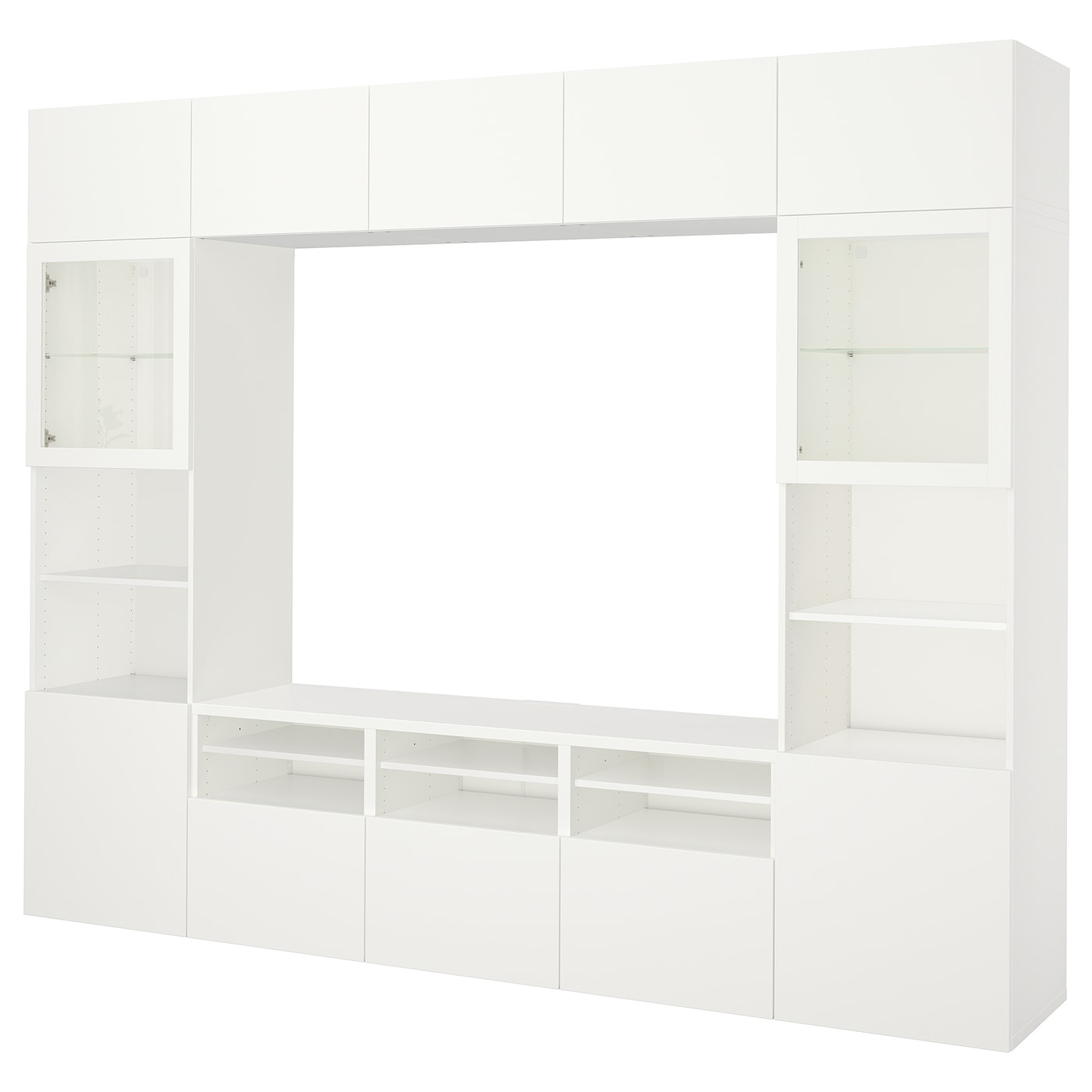IKEA BESTÅ kombinacja na TV/szklane drzwi, biały/Lappviken białe szkło przezroczyste, 300x42x231 cm