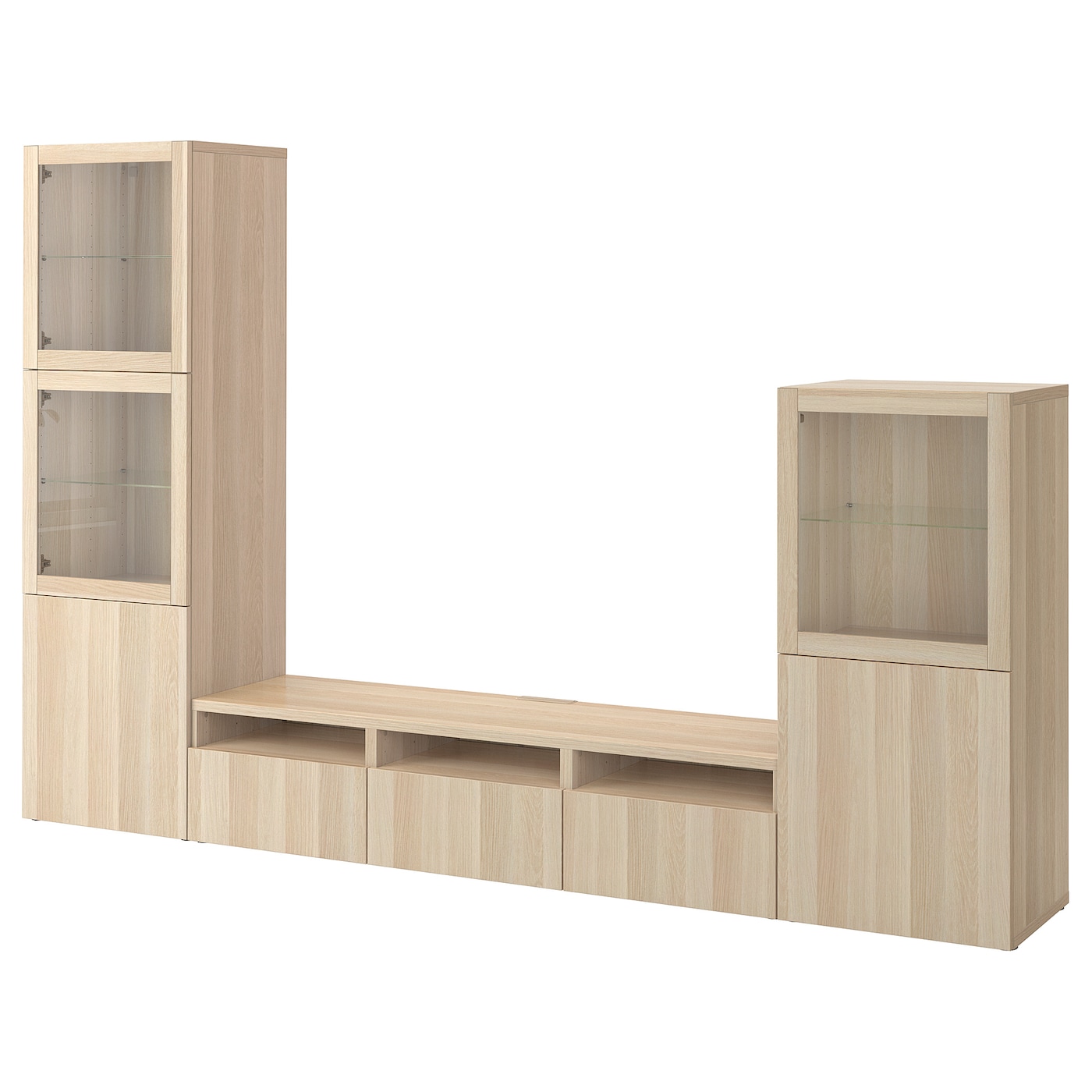 IKEA BESTÅ kombinacja na TV/szklane drzwi, imitacja dębu bejcowanego na biało/Lappviken dąb bejcowany biało szk bezbarwne, 300x42x193 cm