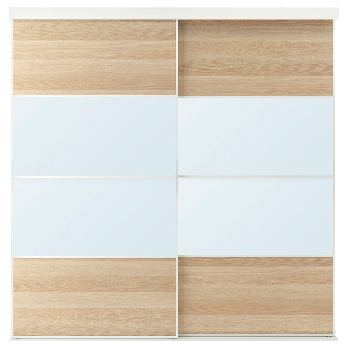 IKEA SKYTTA / MEHAMN/AULI kombinacja drzwi przesuwnych, biały/imitacja dębu bejcowanego na biało lustro, 202x205 cm