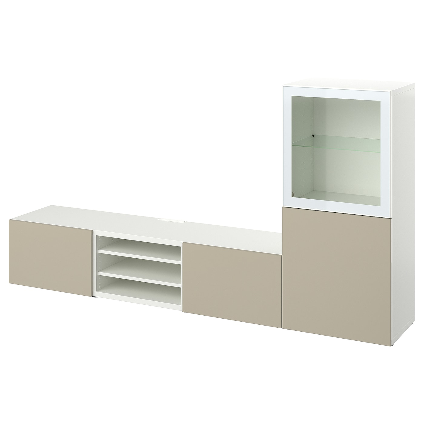 IKEA BESTÅ kombinacja na TV/szklane drzwi, biały/Selsviken wysoki połysk/ beż szkło bezbarwne, 240x42x129 cm