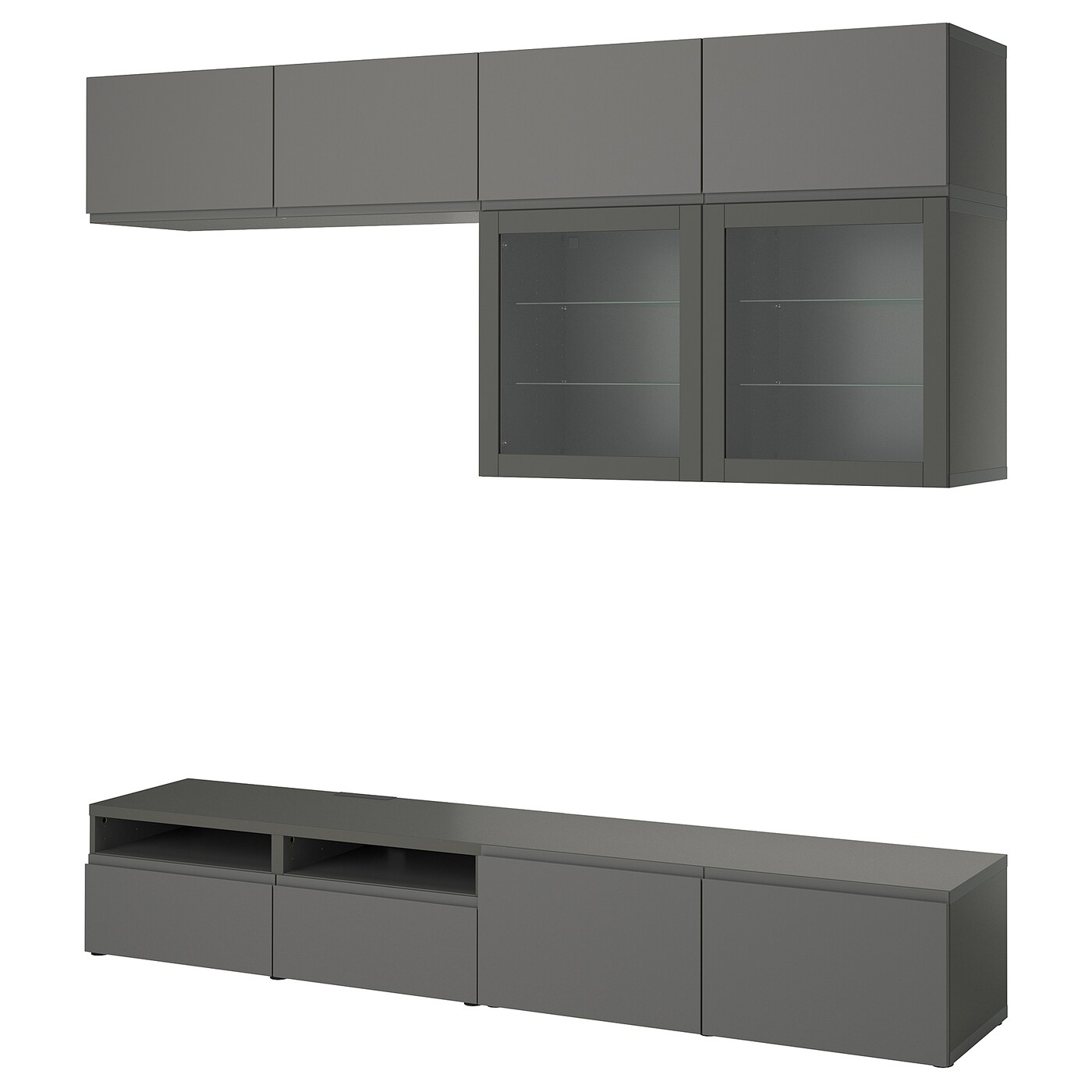 IKEA BESTÅ kombinacja na TV/szklane drzwi, ciemnoszary Västerviken/Sindvik ciemnoszary, 240x42x231 cm