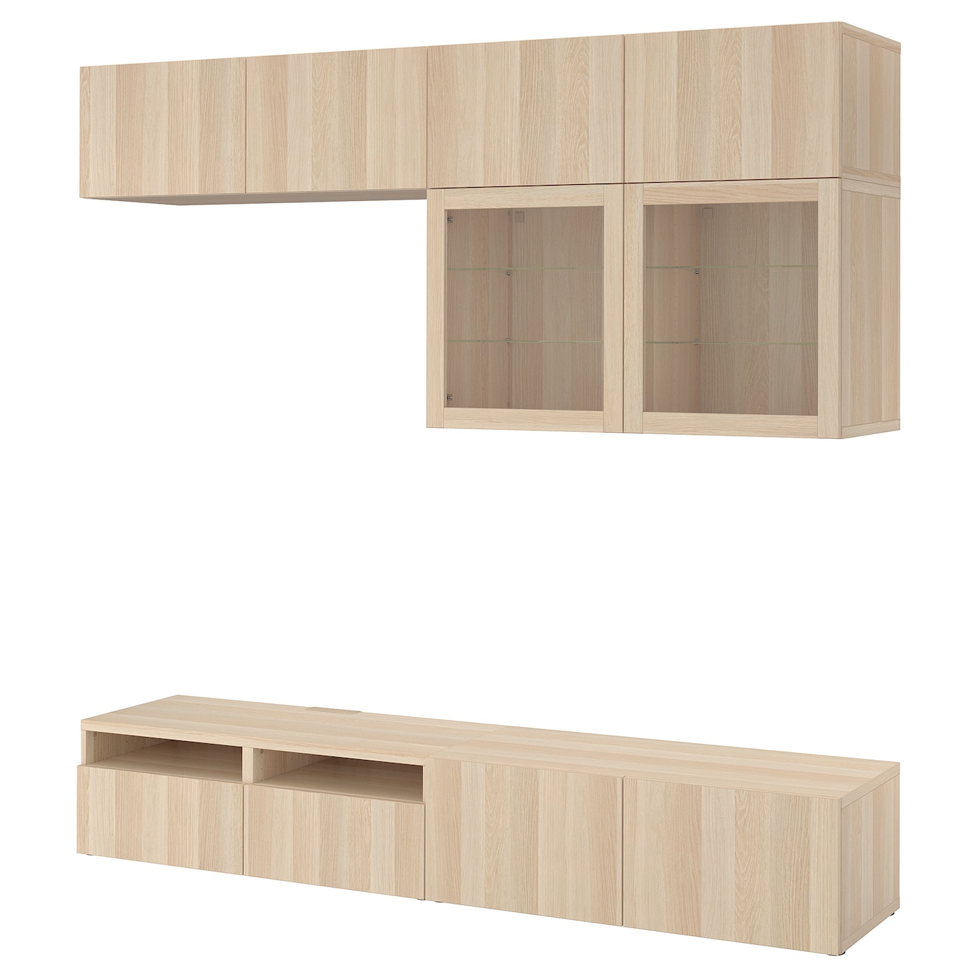 IKEA BESTÅ kombinacja na TV/szklane drzwi, imitacja dębu bejcowanego na biało/Lappviken dąb bejcowany biało szk bezbarwne, 240x42x231 cm