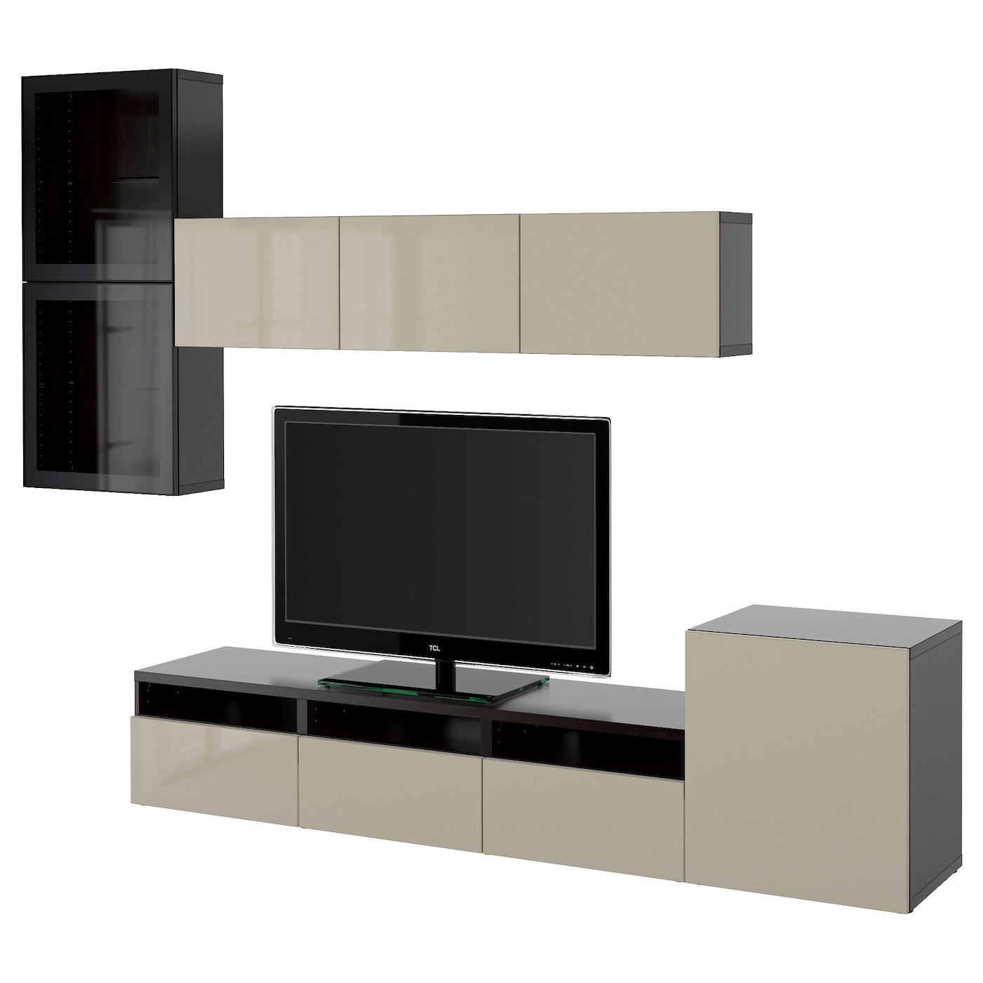 IKEA BESTÅ kombinacja na TV/szklane drzwi, czarnybrąz/Selsviken wysoki połysk/ beż szkło bezbarwne, 300x42x211 cm