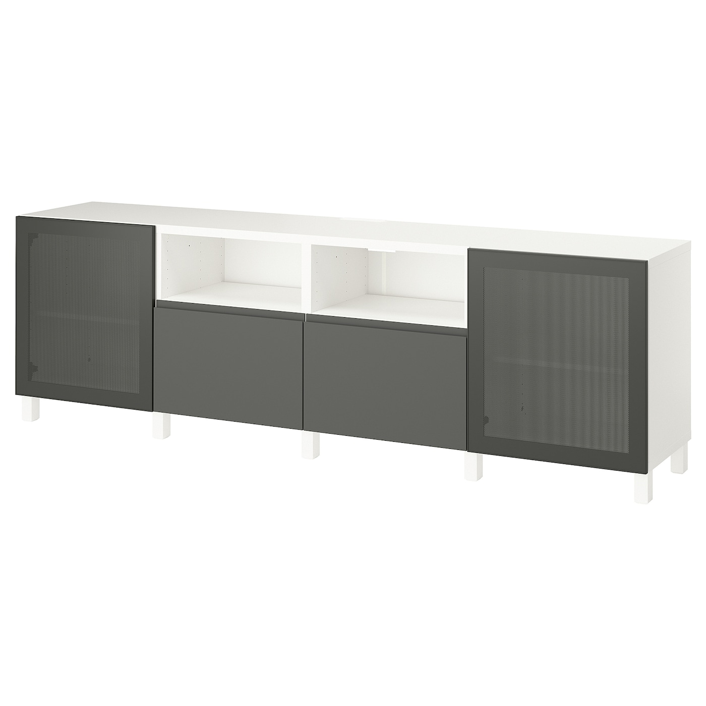 IKEA BESTÅ ława TV z drzwiami i szufladami, biały Mörtviken/Västerviken/Stubbarp ciemnoszary, 240x42x74 cm