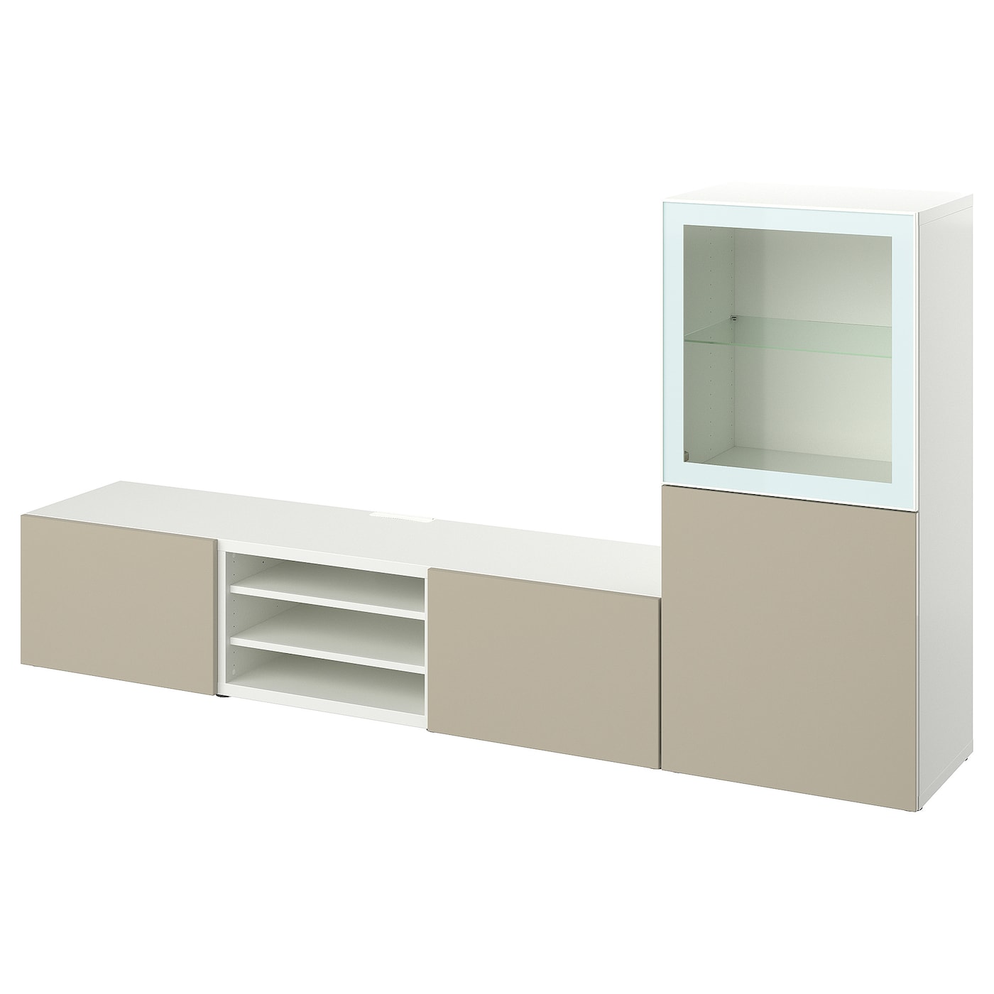 IKEA BESTÅ kombinacja na TV/szklane drzwi, biały/Selsviken wysoki połysk/ beż szkło bezbarwne, 240x42x129 cm