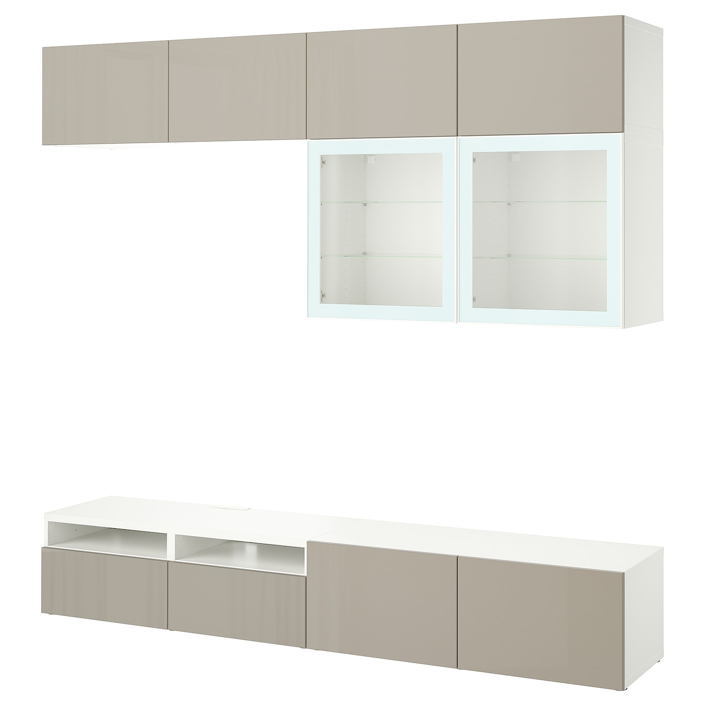 IKEA BESTÅ kombinacja na TV/szklane drzwi, biały/Selsviken wysoki połysk/ beż szkło bezbarwne, 240x42x231 cm