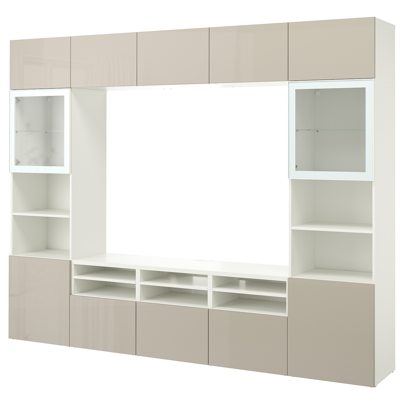 IKEA BESTÅ kombinacja na TV/szklane drzwi, biały/Selsviken wysoki połysk/ beż szkło bezbarwne, 300x42x231 cm