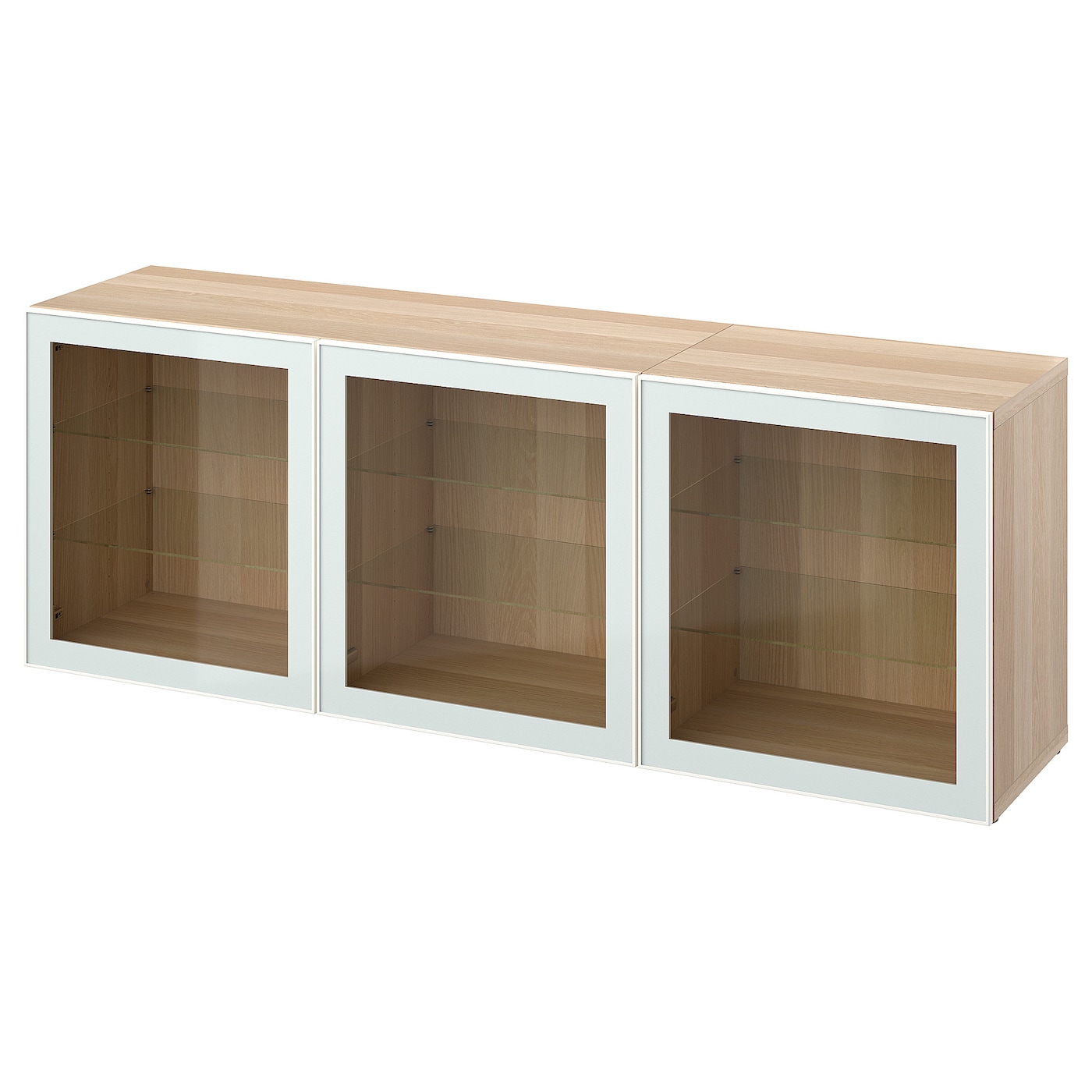IKEA BESTÅ kombinacja z drzwiami, imitacja dębu bejcowanego na biało Glassvik/biel/jasna zieleń szkło bezbarwne, 180x42x65 cm
