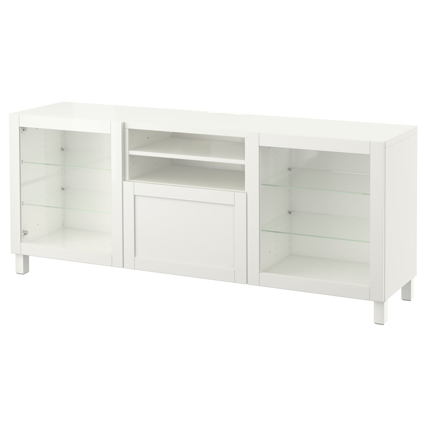 IKEA BESTÅ ława TV z szufladami, biały/Hanviken/Stubbarp białe szkło przezroczyste, 180x42x74 cm