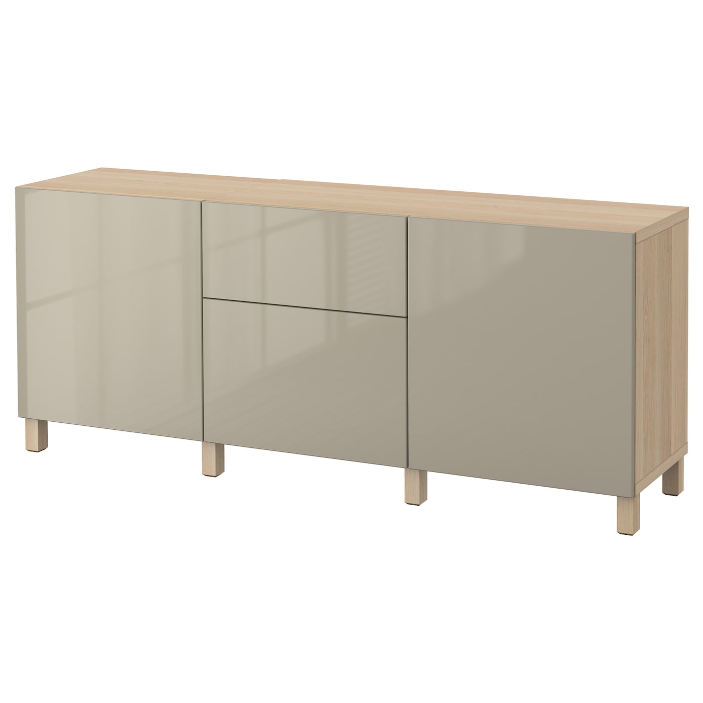 IKEA BESTÅ kombinacja z szufladami, imitacja dębu bejcowanego na biało/Selsviken/Stubbarp wysoki połysk beż, 180x42x74 cm