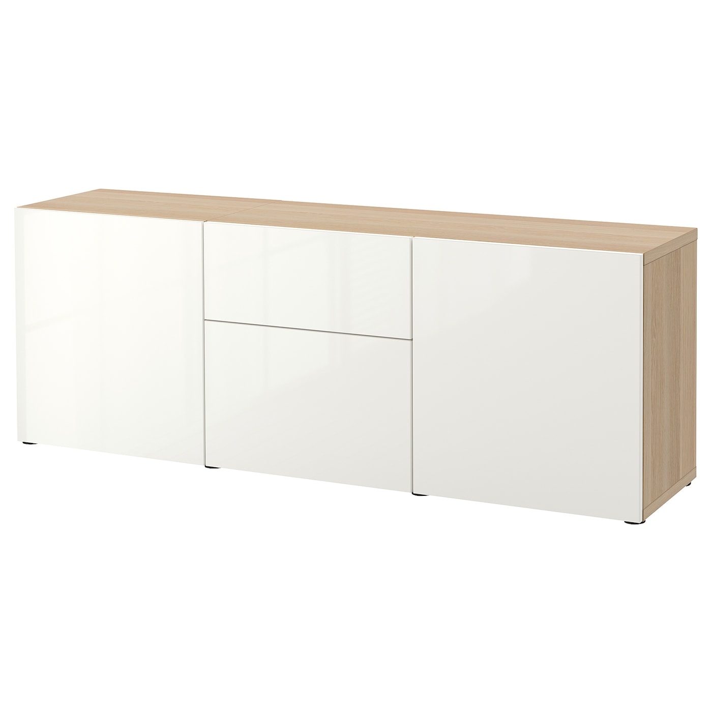 IKEA BESTÅ kombinacja z szufladami, imitacja dębu bejcowanego na biało/Selsviken połysk/biel, 180x42x65 cm