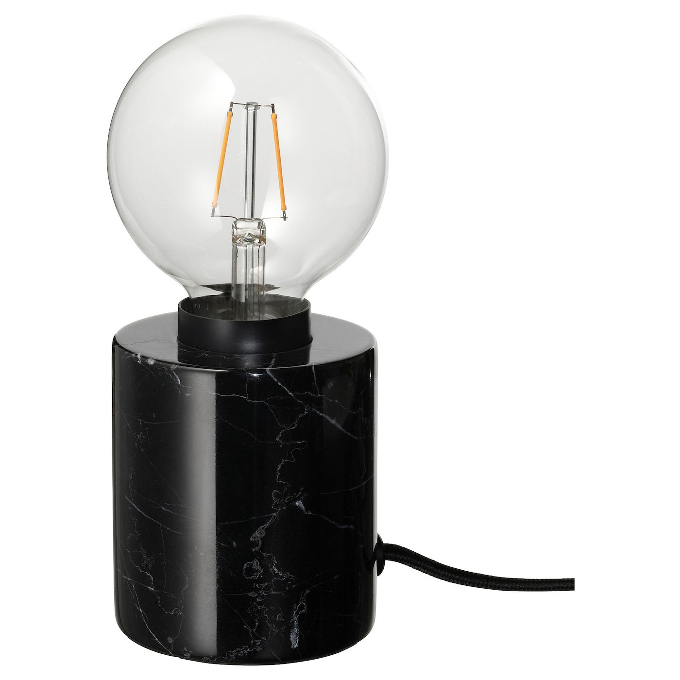 IKEA MARKFROST / LUNNOM lampa stołowa z żarówką, marmur czarny/kula przezroczysta