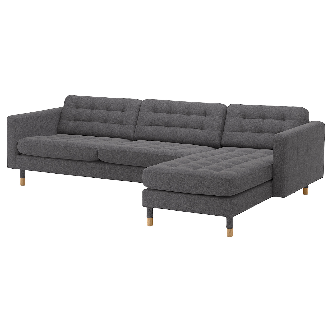 IKEA LANDSKRONA sofa 4-osobowa, z szezlongiem/Gunnared ciemnoszary/drewno, Wysokość podłokietnika: 64 cm